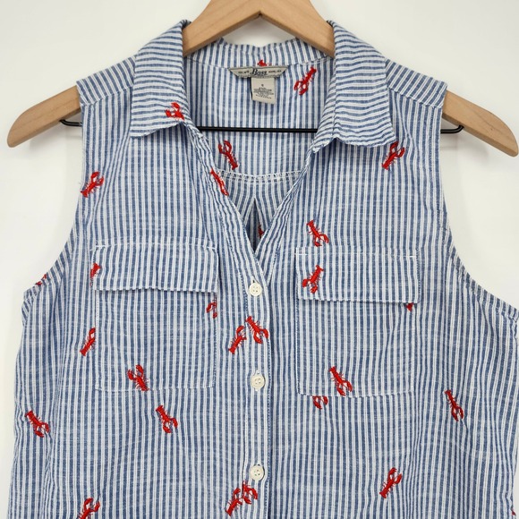 Bass Tops - Bass Womens Lobster AOP Top Size S Blue White Embroidered‎ Coastal Nautical